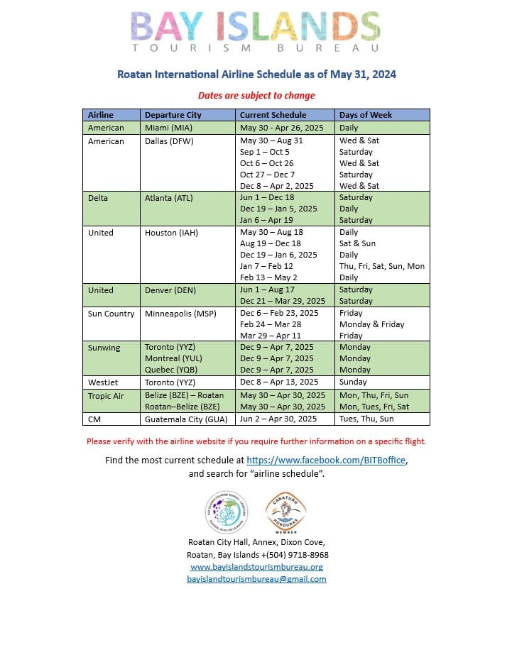 Bay Islands Airline schedule may 31 2024 