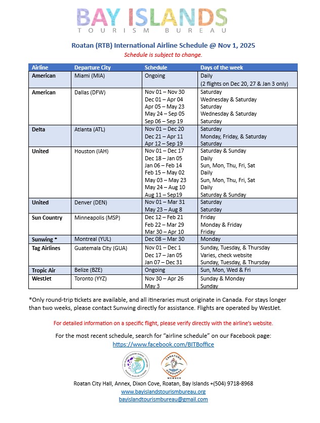 Roatan Flight Schedule Julie's Utila Travel Tips