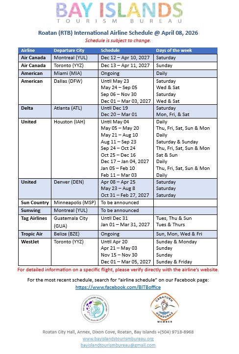 Updated Flight Schedule 202604 to Roatan Honduras Utila Travel Tips